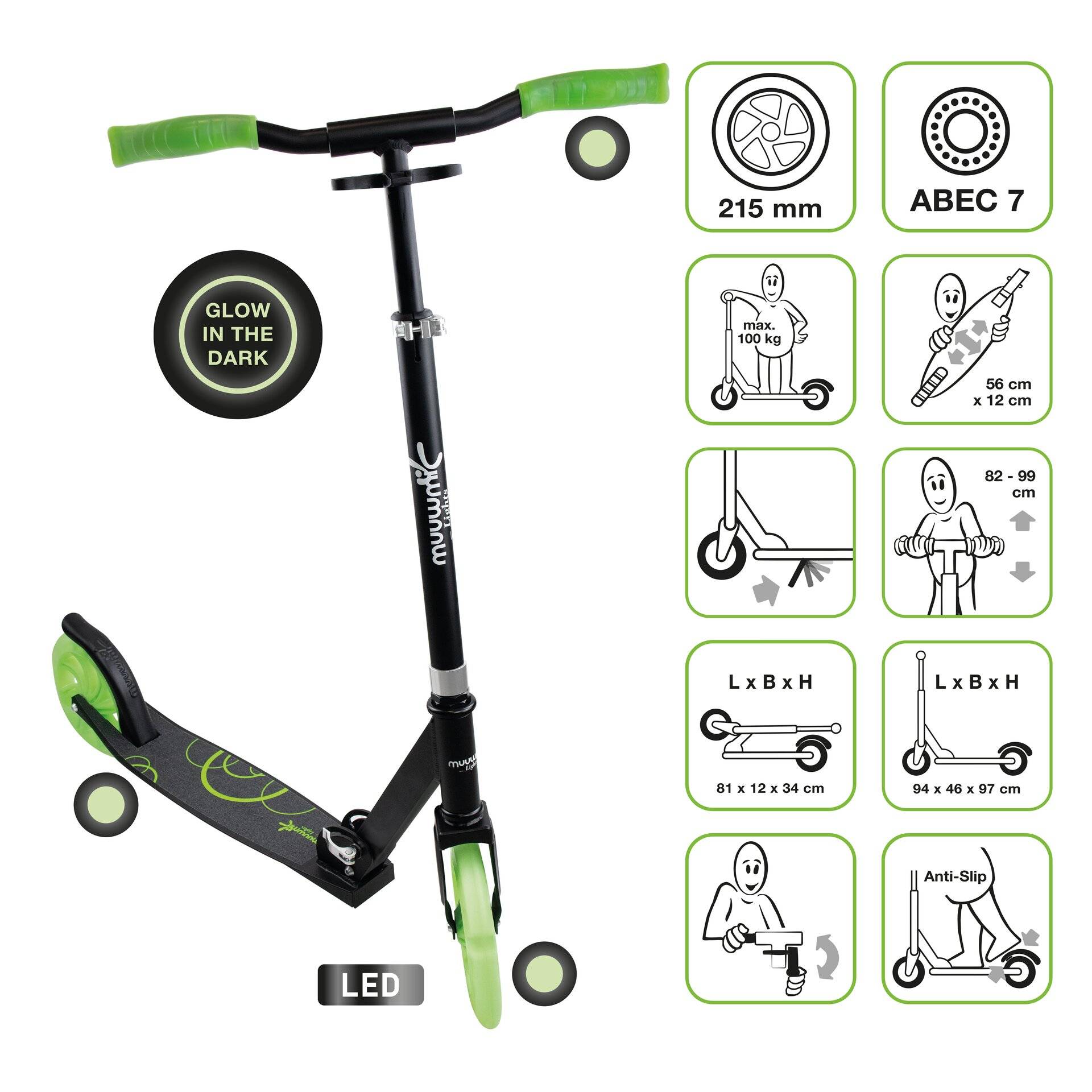 muuwmi Lights Aluminium Scooter GLOW 215 mm, mit Leuchtrollen und Glow-Effekt