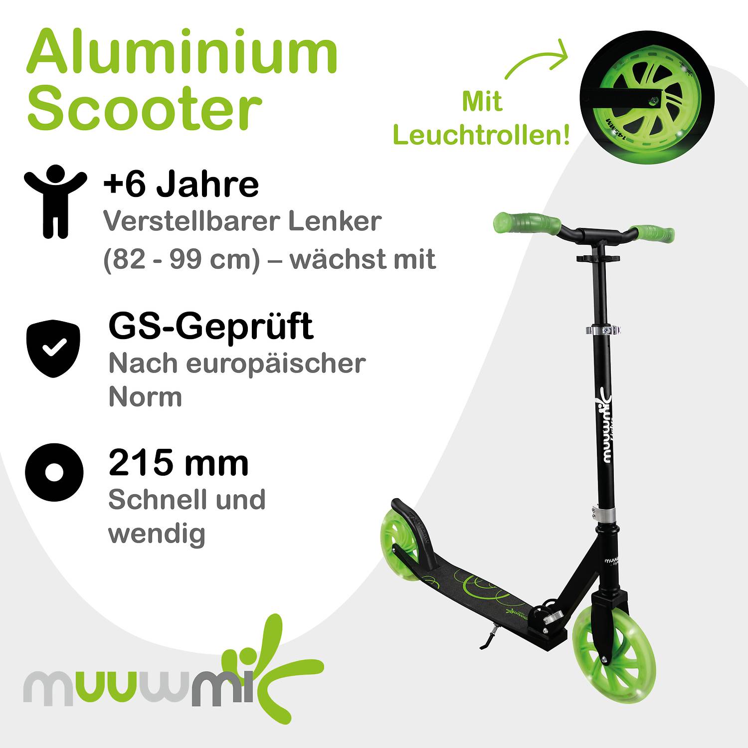 muuwmi Lights Aluminium Scooter GLOW 215 mm, mit Leuchtrollen und Glow-Effekt