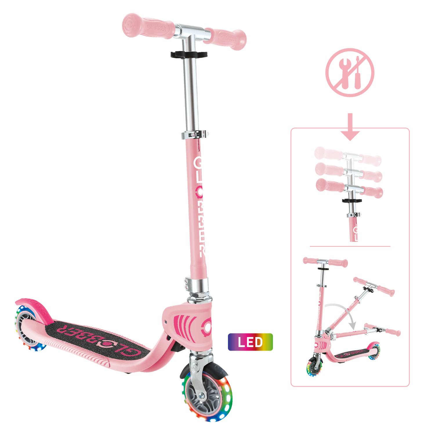 GLOBBER FLOW FOLDABLE JUNIOR LIGHTS pastellrosa, mit Leuchtrollen