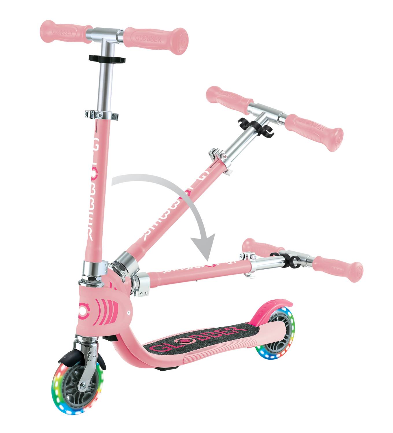 GLOBBER FLOW FOLDABLE JUNIOR LIGHTS pastellrosa, mit Leuchtrollen