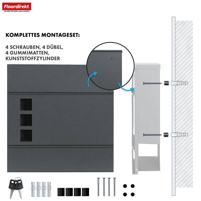 FLOORDIREKT Briefkasten Jules - Wandbriefkasten mit Sichtfenstern & Zeitungsfach - Aus verzinktem Stahl mit Pulverbeschichtung - Anthrazit
