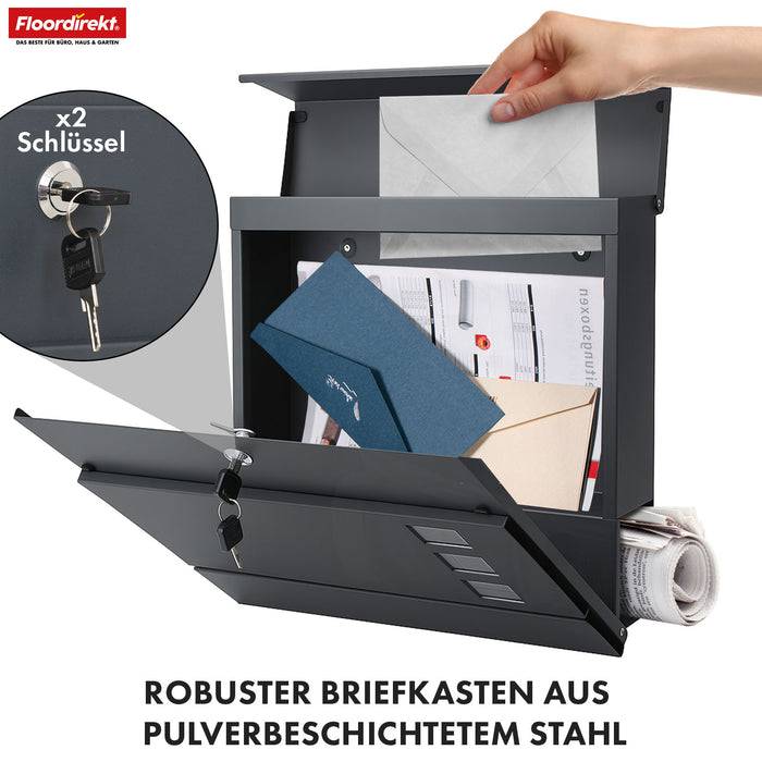FLOORDIREKT Briefkasten Jules - Wandbriefkasten mit Sichtfenstern & Zeitungsfach - Aus verzinktem Stahl mit Pulverbeschichtung - Anthrazit