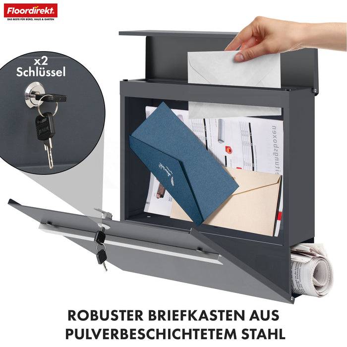 FLOORDIREKT Briefkasten Gaston - Moderner Wandbriefkasten mit Zeitungsfach & Edelstahl-Namensschild - Anthrazit