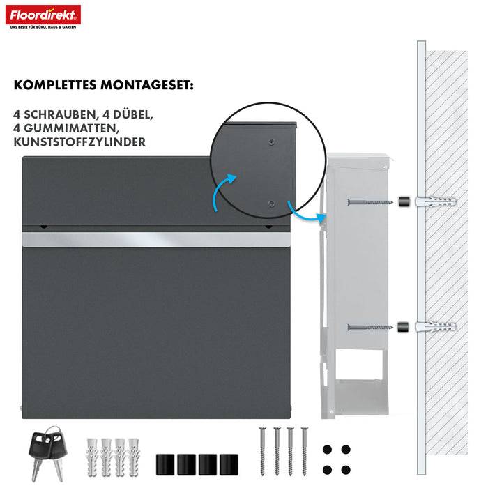 FLOORDIREKT Briefkasten Gaston - Moderner Wandbriefkasten mit Zeitungsfach & Edelstahl-Namensschild - Anthrazit