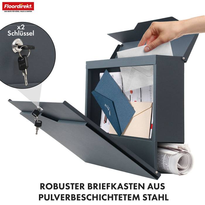 FLOORDIREKT Briefkasten Jean - Stabiler Stahlbriefkasten mit Zeitungsfach & großer Einwurfklappe - Anthrazit