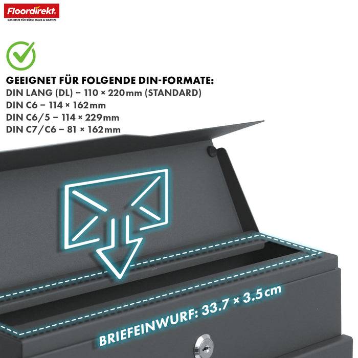 FLOORDIREKT Briefkasten Jean - Stabiler Stahlbriefkasten mit Zeitungsfach & großer Einwurfklappe - Anthrazit