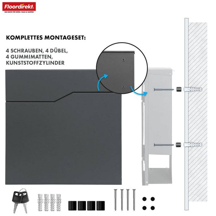 FLOORDIREKT Briefkasten Jean - Stabiler Stahlbriefkasten mit Zeitungsfach & großer Einwurfklappe - Anthrazit