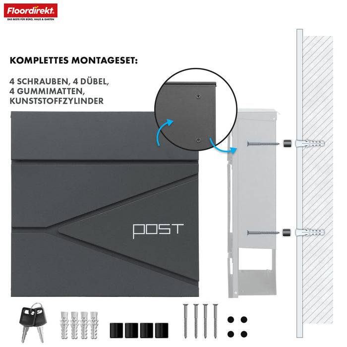 FLOORDIREKT Briefkasten Armand - Stahlbriefkasten mit C4-Einwurf & integriertem Zeitungsfach - Robust & Wetterfest - Anthrazit