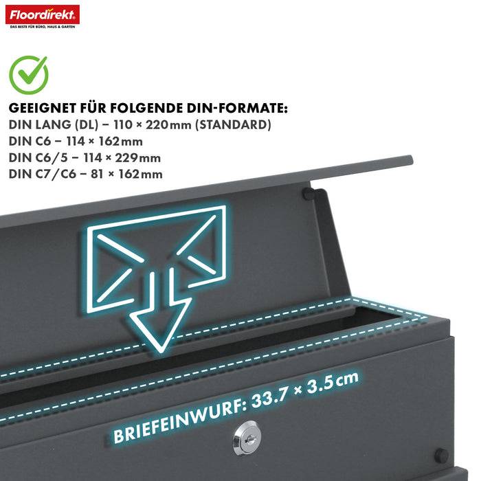 FLOORDIREKT Briefkasten Armand - Stahlbriefkasten mit C4-Einwurf & integriertem Zeitungsfach - Robust & Wetterfest - Anthrazit