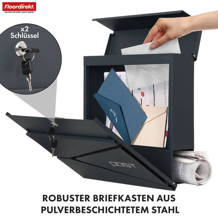 FLOORDIREKT Briefkasten Armand - Stahlbriefkasten mit C4-Einwurf & integriertem Zeitungsfach - Robust & Wetterfest - Anthrazit