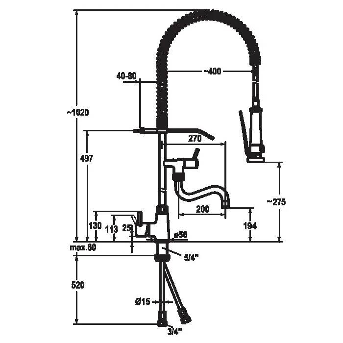Technische Dimensionszeichnung eines Küchenarmatur mit ausziehbarem Sprayer und Seitenhebel, zeigt Installations- und Reichweitenmessungen in Millimetern und Zoll.