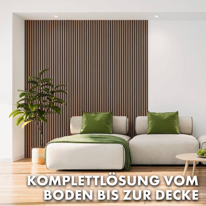 FLOORDIREKT Akustikpaneel in Holzoptik - Ermöglicht eine angenehme Raumakustik - In verschiedenen Farben erhältlich - Black Walnut - 275 x 27 cm