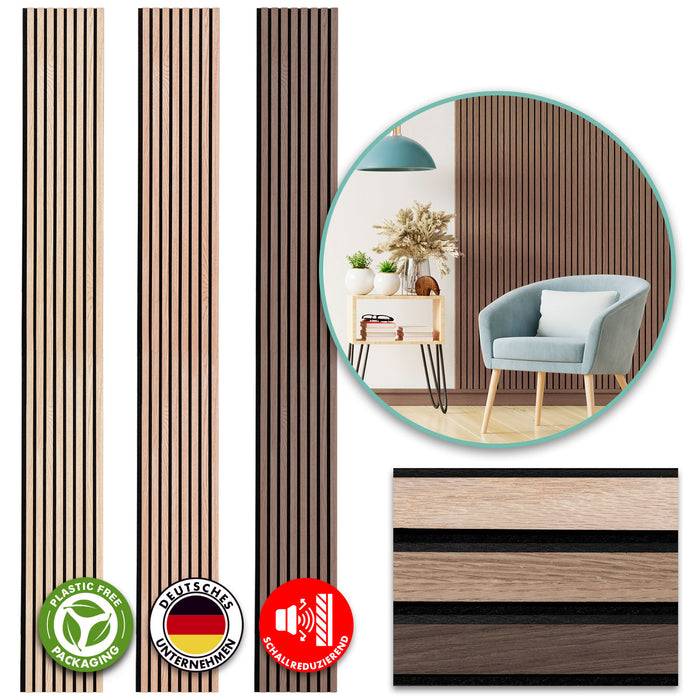 FLOORDIREKT Akustikpaneel in Holzoptik - Ermöglicht eine angenehme Raumakustik - In verschiedenen Farben erhältlich - Black Walnut - 275 x 27 cm