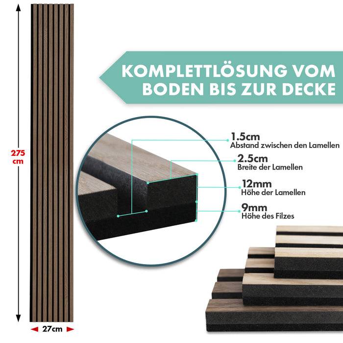 FLOORDIREKT Akustikpaneel in Holzoptik - Ermöglicht eine angenehme Raumakustik - In verschiedenen Farben erhältlich - Black Walnut - 275 x 27 cm