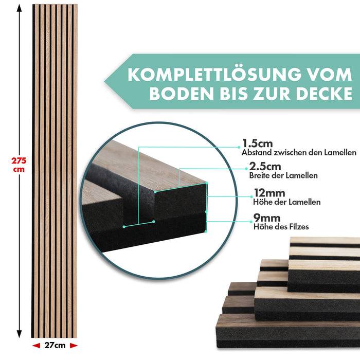 FLOORDIREKT Akustikpaneel in Holzoptik - Ermöglicht eine angenehme Raumakustik - In verschiedenen Farben erhältlich - Red Oak - 275 x 27 cm