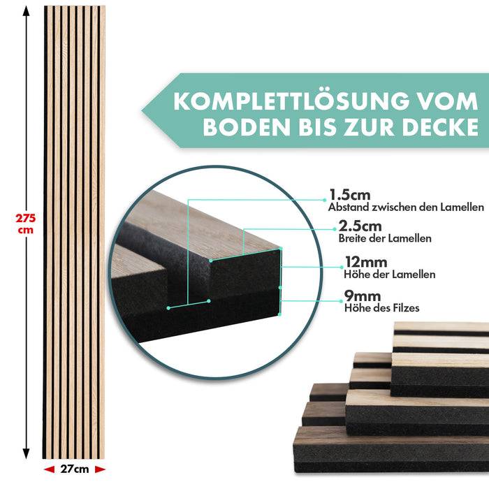 FLOORDIREKT Akustikpaneel in Holzoptik - Ermöglicht eine angenehme Raumakustik - In verschiedenen Farben erhältlich - White Oak - 275 x 27 cm
