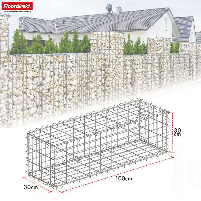 FLOORDIREKT Gabionenkorb Lenox - Verzinkter Stahlkorb - Ideal als Sichtschutz, Trennwand oder Deko - 100 x 30 x 30 cm