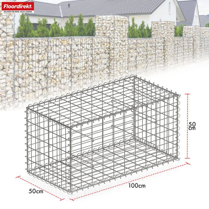 FLOORDIREKT Gabionenkorb Lenox - Verzinkter Stahlkorb - Ideal als Sichtschutz, Trennwand oder Deko - 100 x 50 x 50 cm