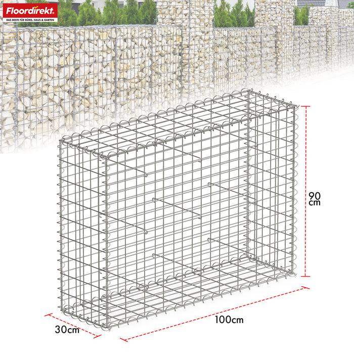 FLOORDIREKT Gabionenkorb Lenox - Verzinkter Stahlkorb - Ideal als Sichtschutz, Trennwand oder Deko - 100 x 90 x 30 cm