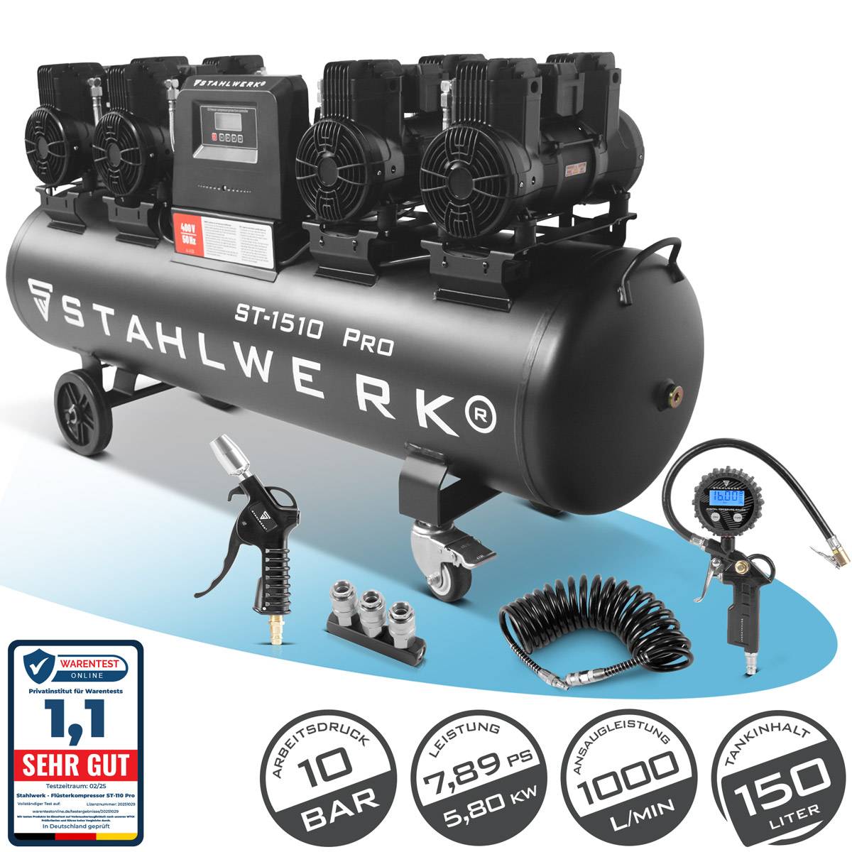 STAHLWERK Kompressor 10 bar 150 L im Set Reifenfüller Schlauch Pistole Verteiler