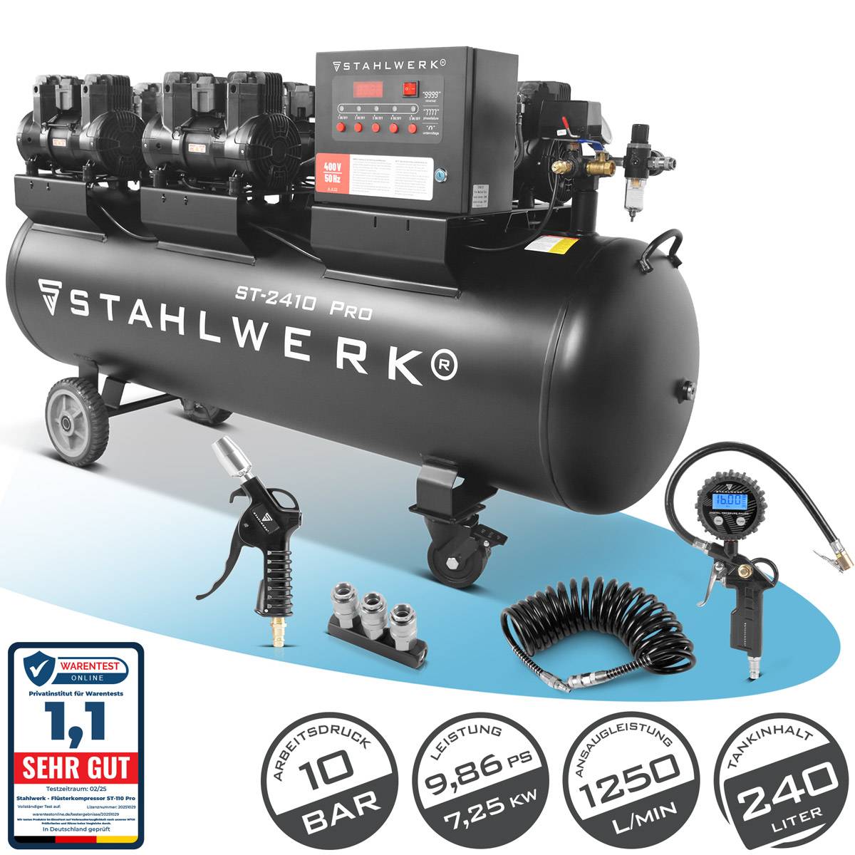 STAHLWERK Kompressor mit 240 L Tank (ST-2410 Pro) Vollausstattung, ölfrei & leise, 10 bar, Brushless