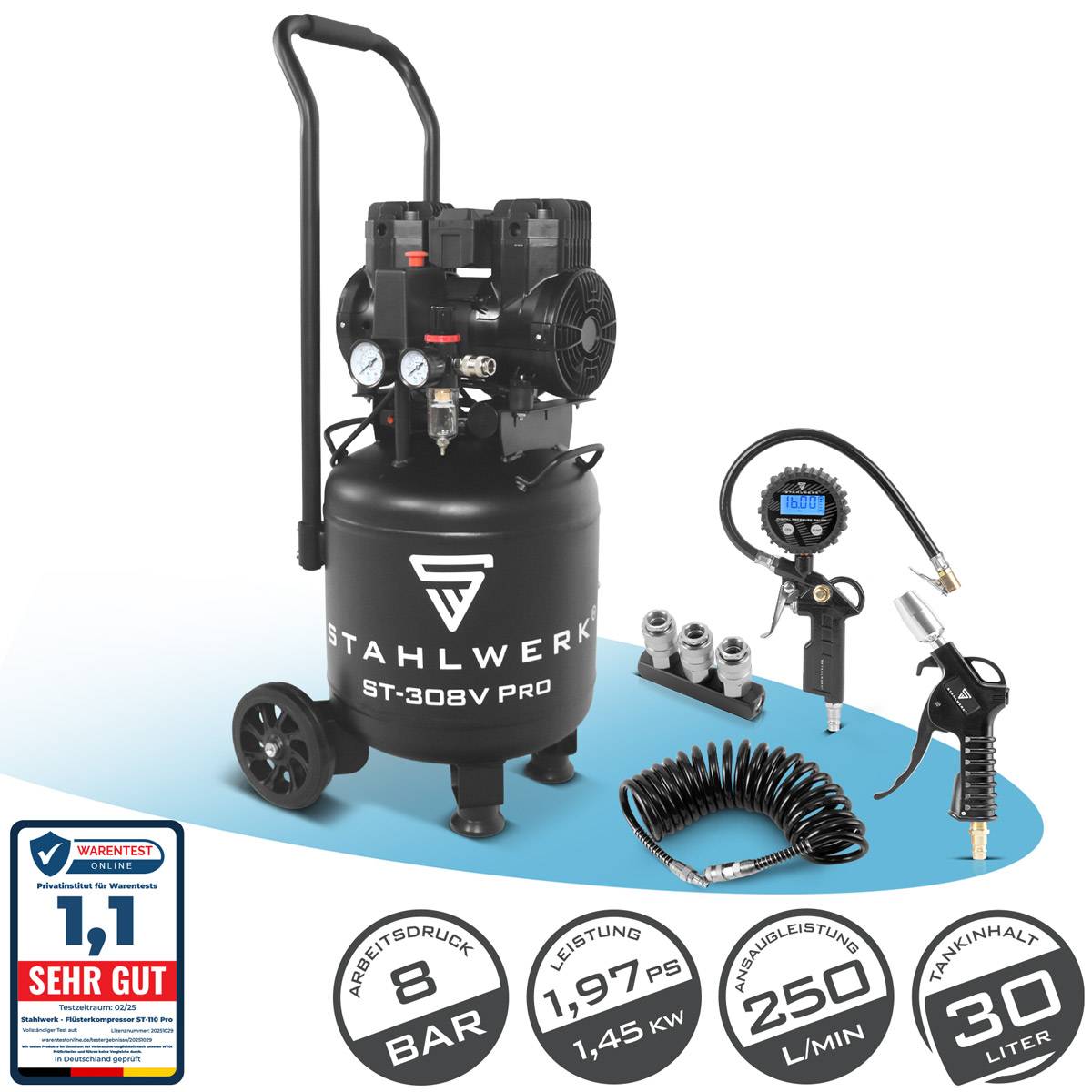 STAHLWERK Kompressor 8 bar 30 L im Set Reifenfüller Schlauch Pistole Verteiler