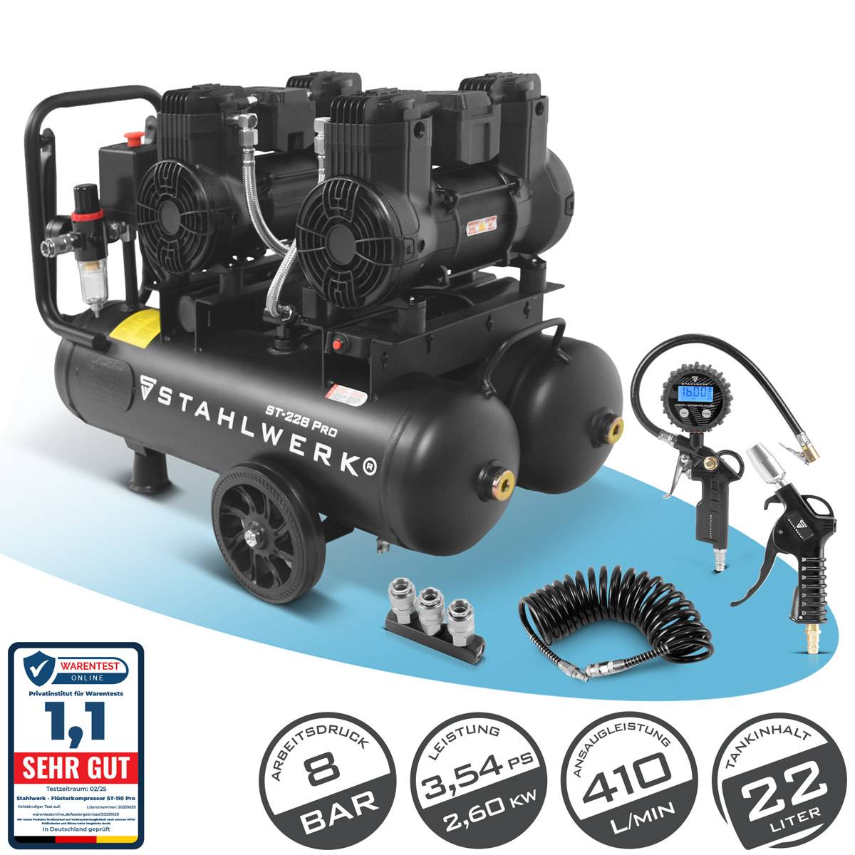 STAHLWERK Kompressor 8 bar 22 L im Set Reifenfüller Schlauch Pistole Verteiler