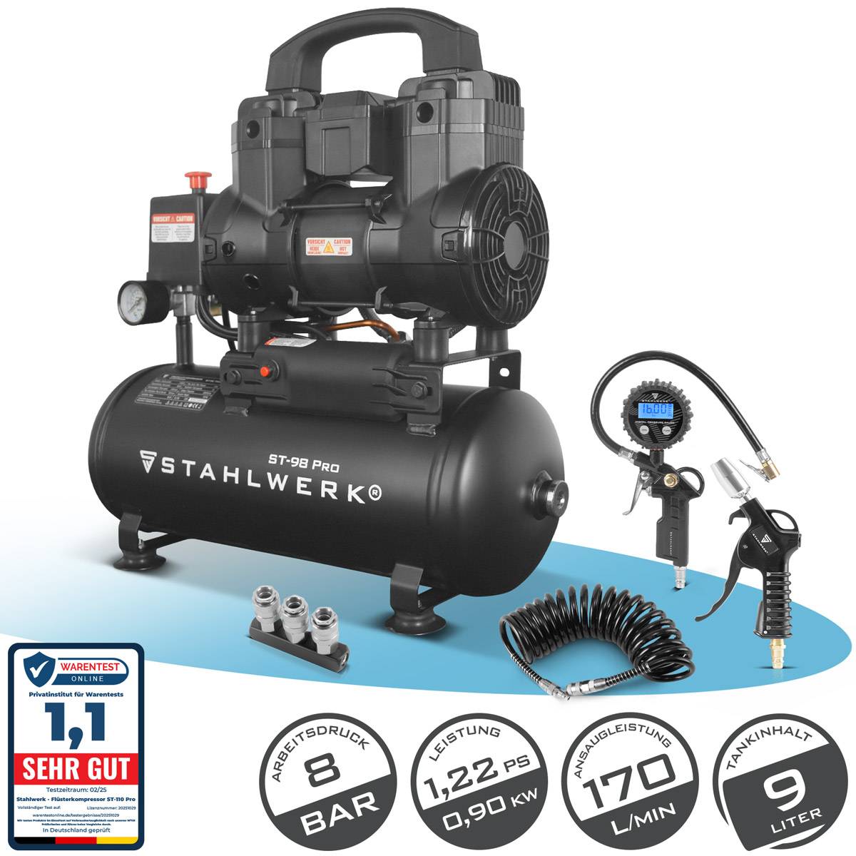 STAHLWERK Kompressor mit 9 L Tank (ST-98 Pro) Set ölfrei & leise 8 bar Brushless