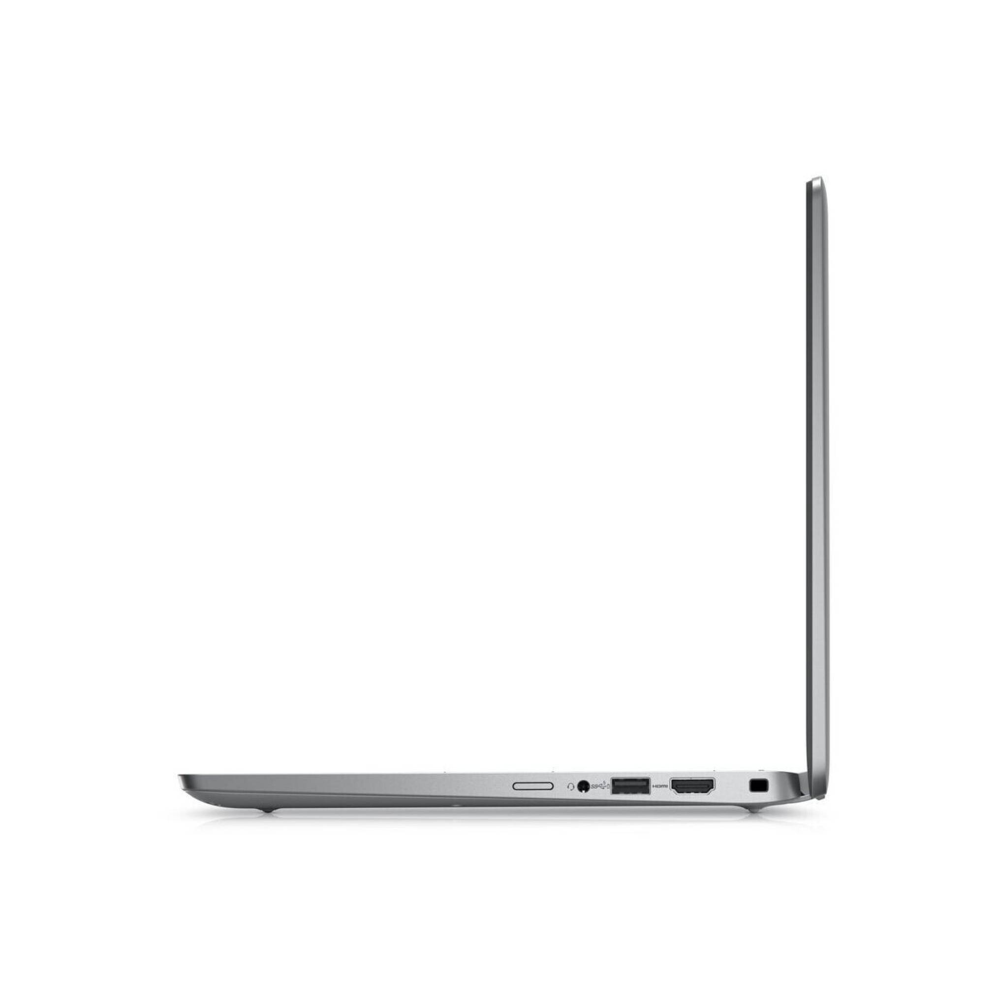 Seitenansicht eines dünnen silbernen Laptops, der in einem 90-Grad-Winkel geöffnet ist und sein schlankes Profil sowie die Anschlüsse entlang der Kante zeigt.