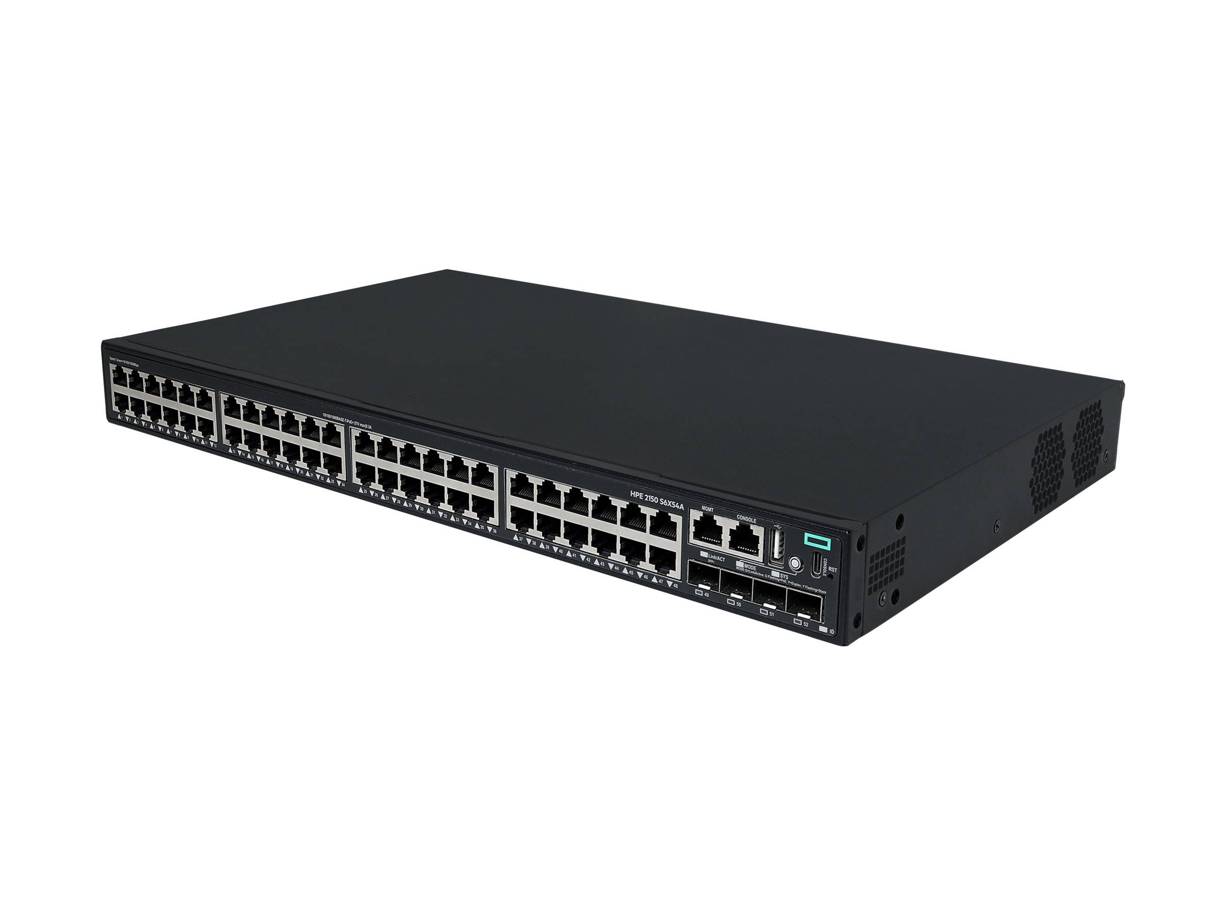 Frontansicht eines schwarzen Rack-Mount-Ethernet-Netzwerk-Switches mit vielen RJ45-Anschlüssen und einigen Uplink-Ports auf weißem Hintergrund