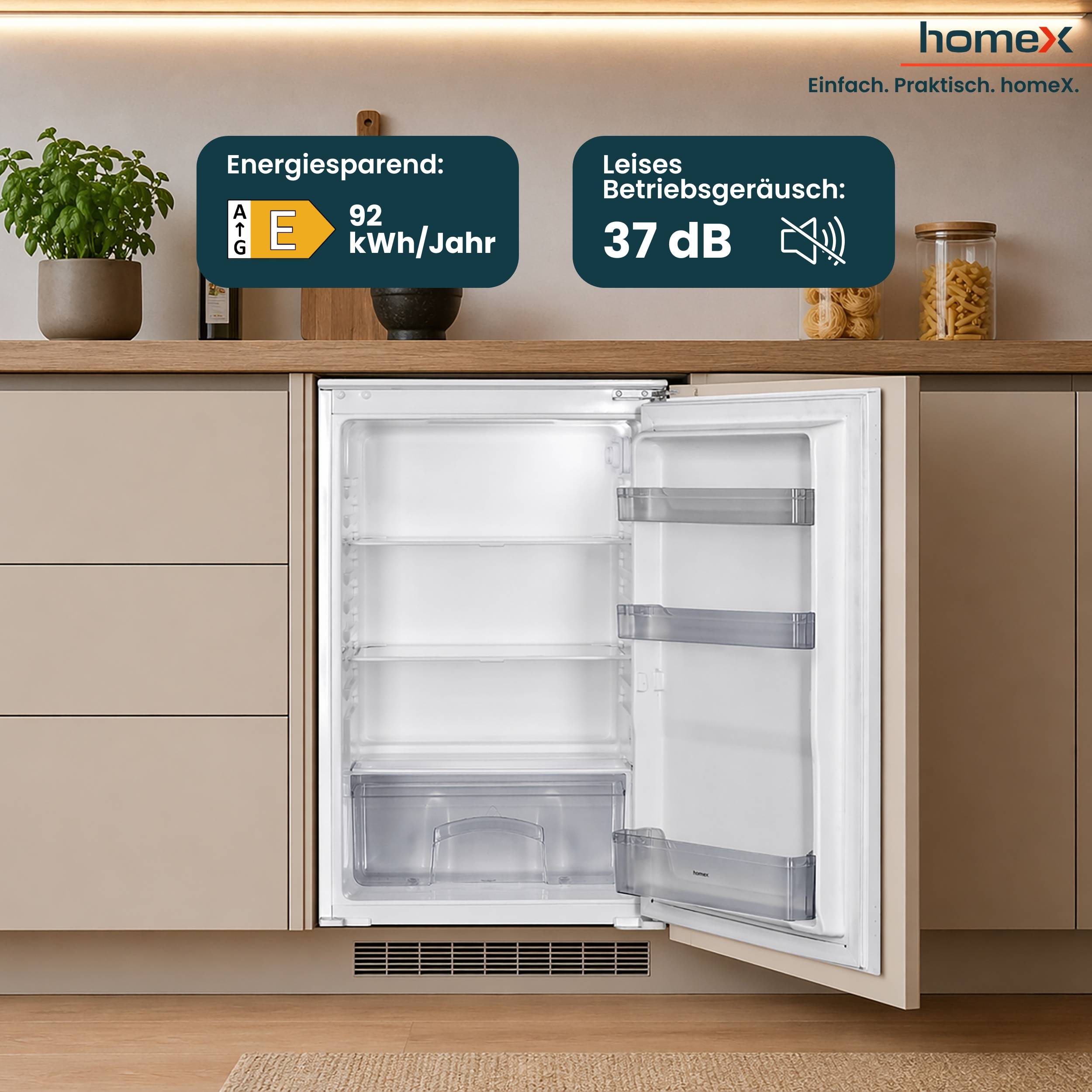 homeX CB1291E Einbaukühlschrank ohne Gefrierfach, 88cm Nische - 129 Liter, Schlepptürtechnik, LED-Beleuchtung, 37 dB