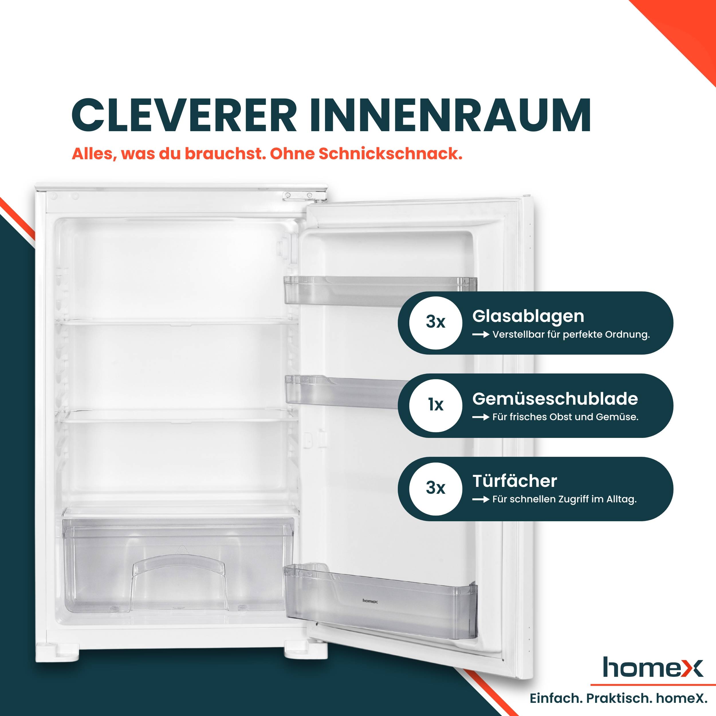 homeX CB1291E Einbaukühlschrank ohne Gefrierfach, 88cm Nische - 129 Liter, Schlepptürtechnik, LED-Beleuchtung, 37 dB