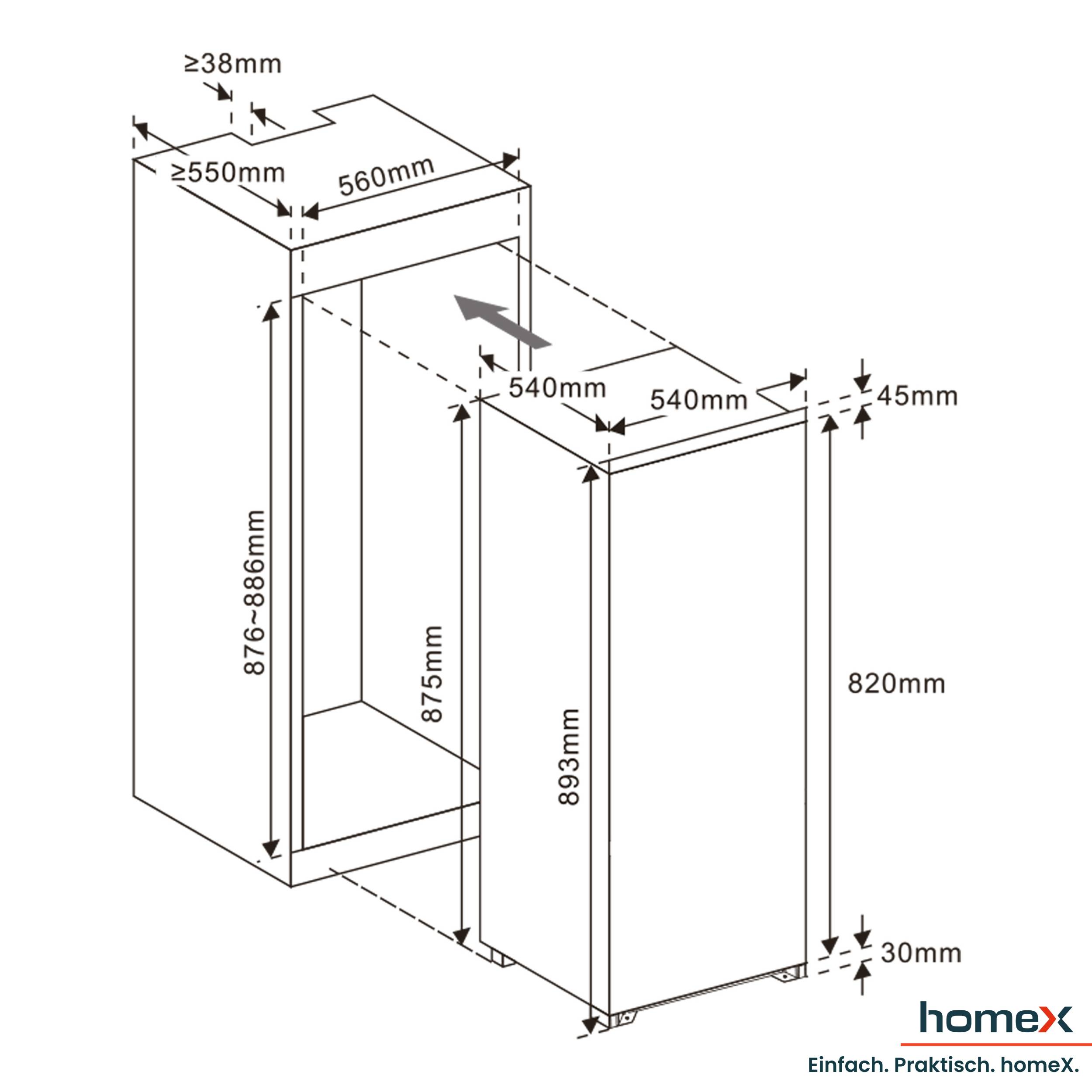 homeX CB1291E Einbaukühlschrank ohne Gefrierfach, 88cm Nische - 129 Liter, Schlepptürtechnik, LED-Beleuchtung, 37 dB