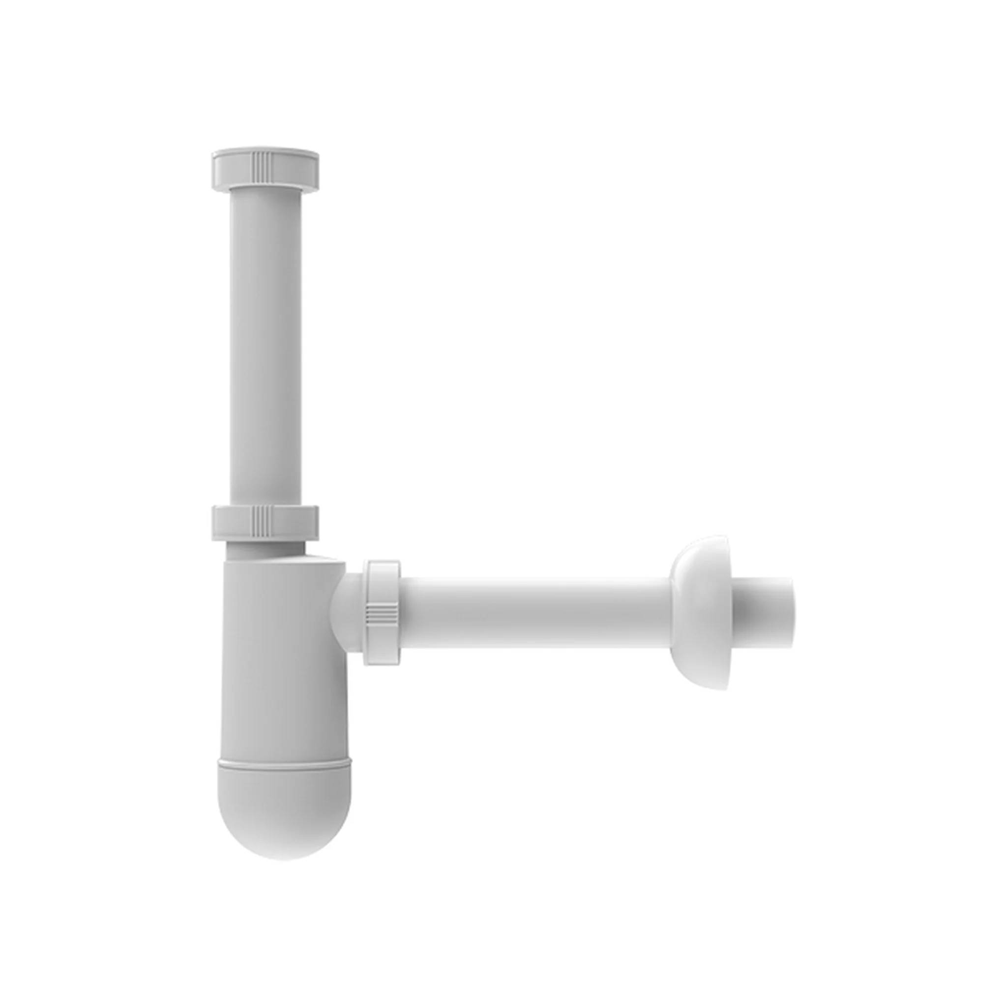 Weißer Kunststoff-Siphon für Waschbecken mit vertikalem Rohr und horizontalem Auslass, isoliert auf einfachem Hintergrund dargestellt.