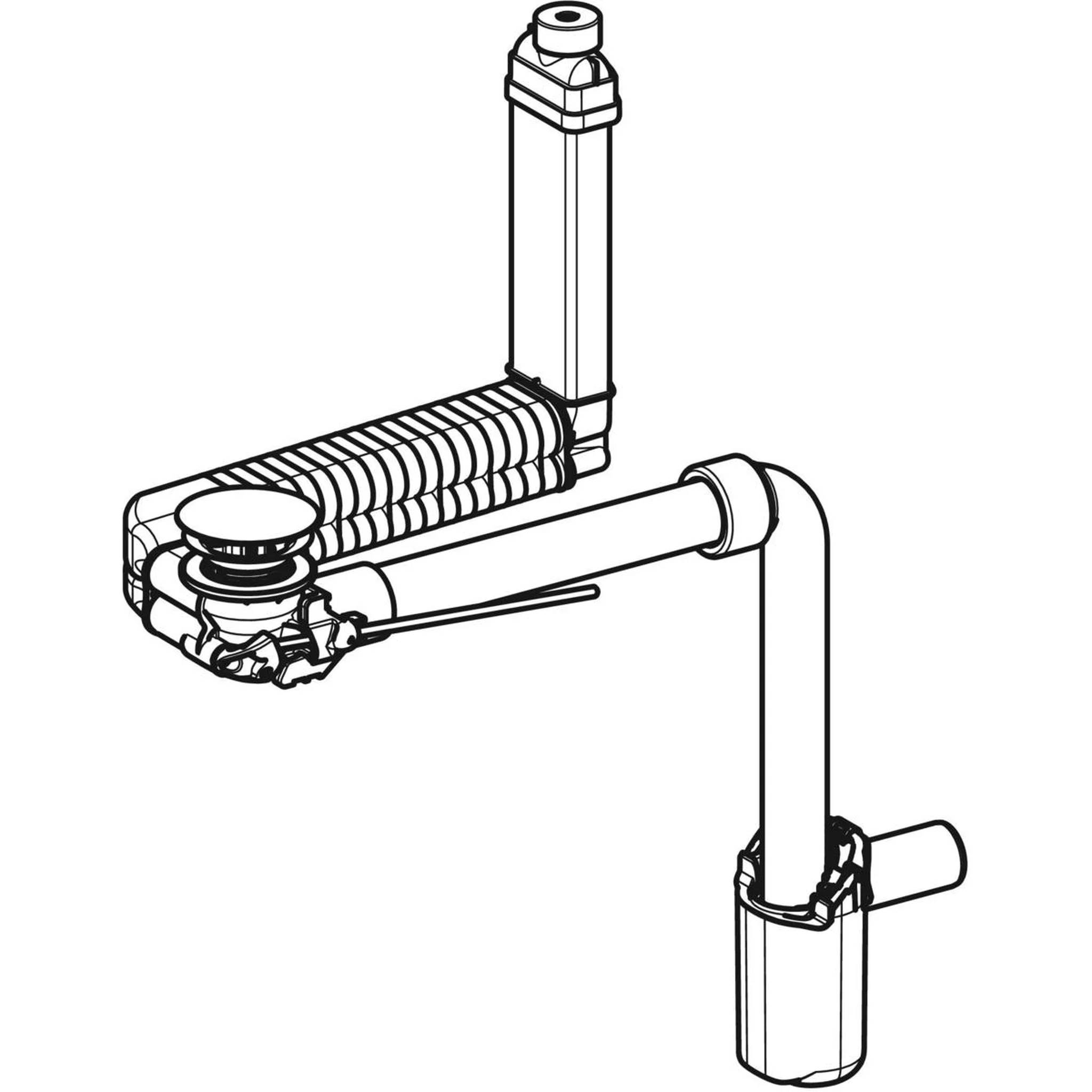 Linienzeichnung einer Sanitärentwässerungsanlage mit einem vertikalen Entlüftungsrohr, horizontaler Siphon und verbundenem Abflussrohr, das zu einer Spüle oder Beckenarmatur führt.