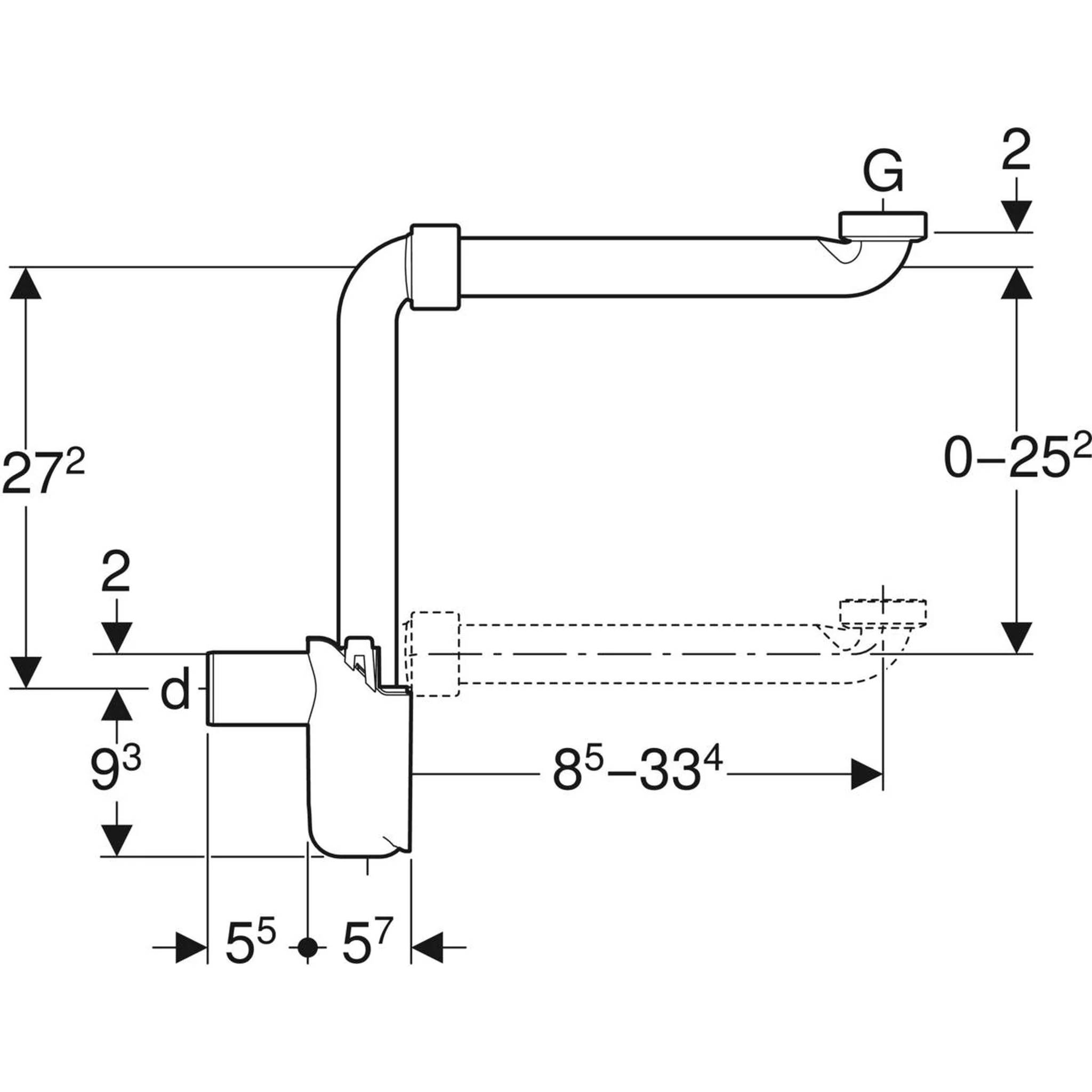 Technische Zeichnung eines gekrümmten Rohrs oder Griffs mit Bemaßungspfeilen und Abmessungen in Zoll, zeigt eine Seitenansicht und eine gestrichelte untere Position.