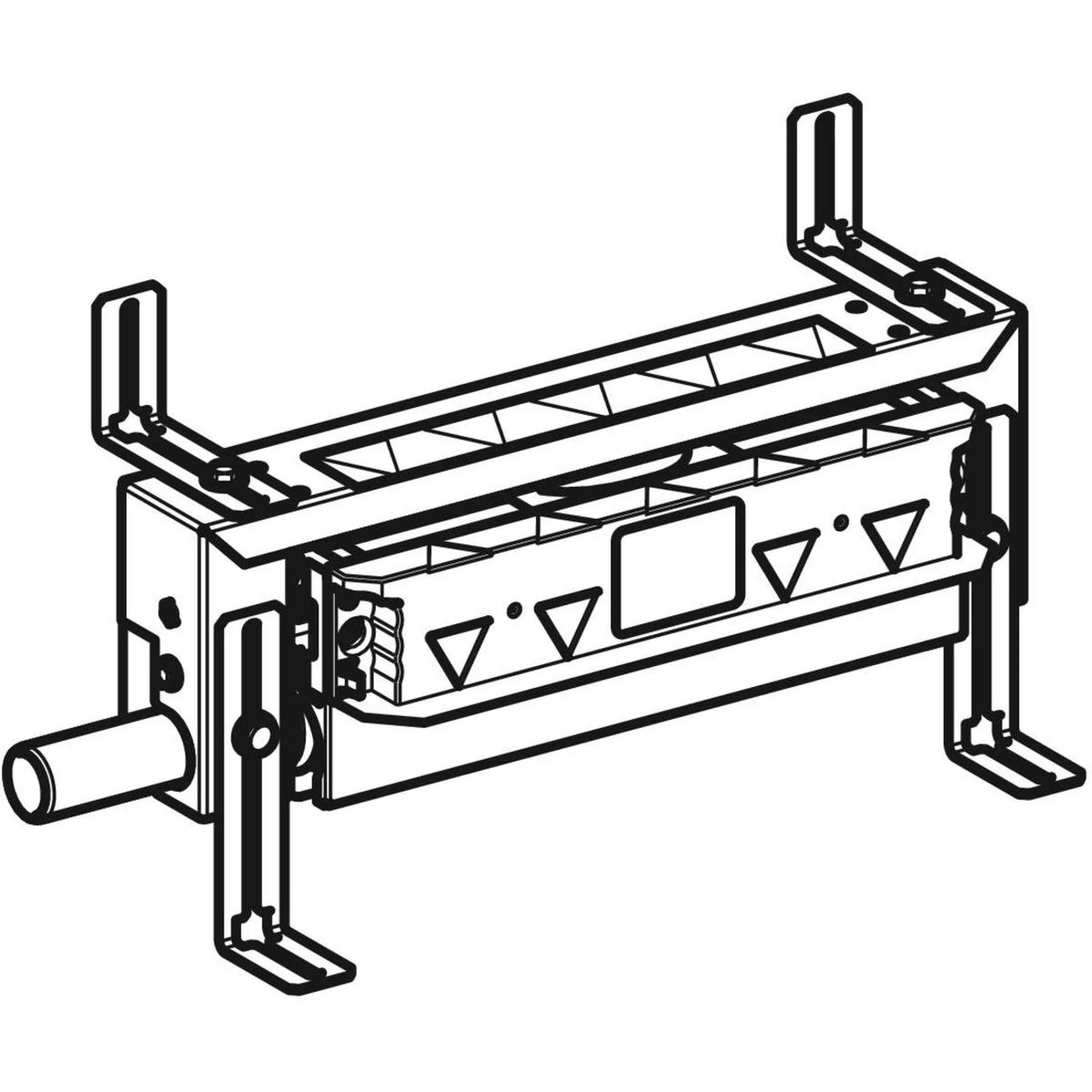 Isometrische Strichzeichnung eines rechteckigen mechanischen Geräts, das auf vier Halterungen montiert ist, mit einem seitlichen Zylinder und Symbolen auf der vorderen Bedienungsleiste.