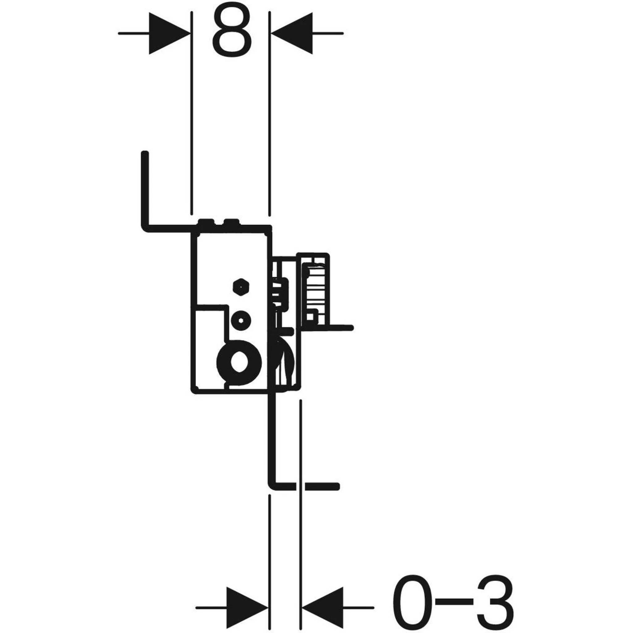 Technisches Diagramm einer schlanken mechanischen Komponente mit Maßangaben: 8 an der oberen Breite und 0–3 bei der unteren Durchgangsöffnung.