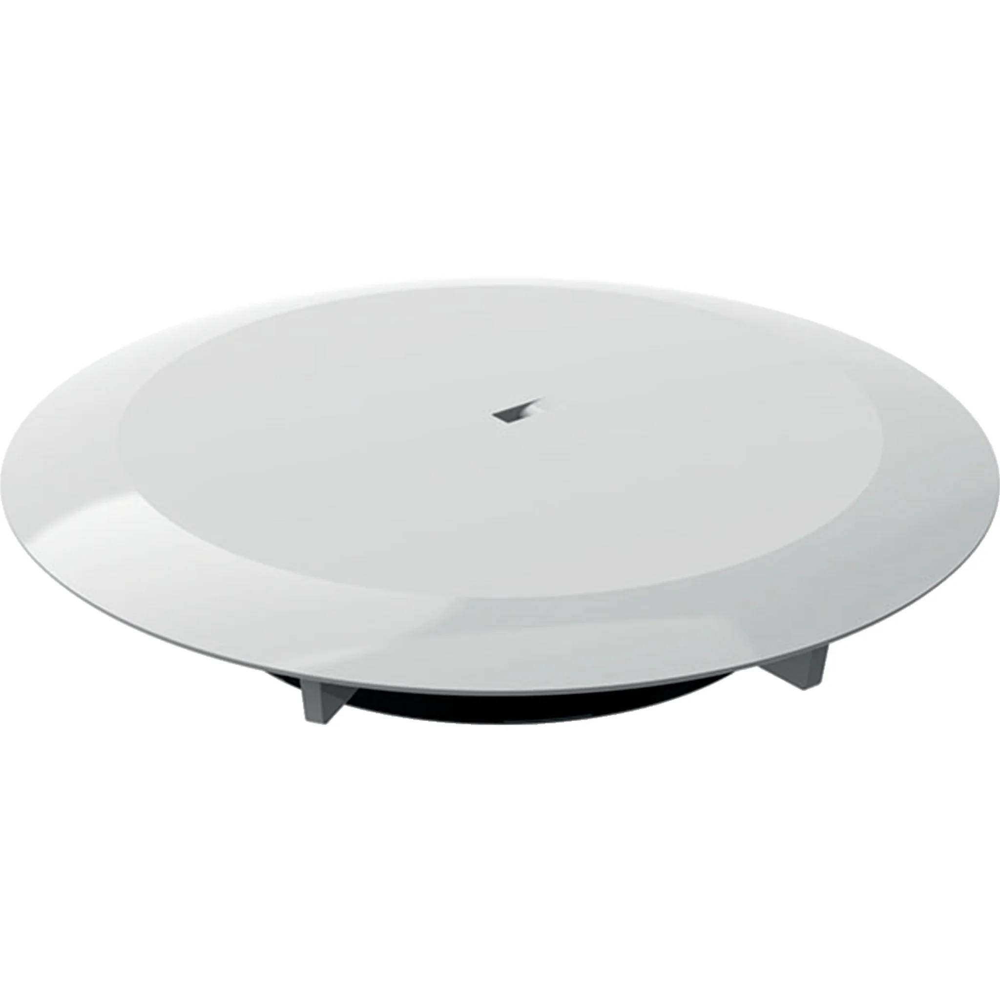 Weißer runder Deckenlautsprecher oder Access Point mit glatter, flacher Kuppel und kleinem Mittellogo auf einfachem Hintergrund