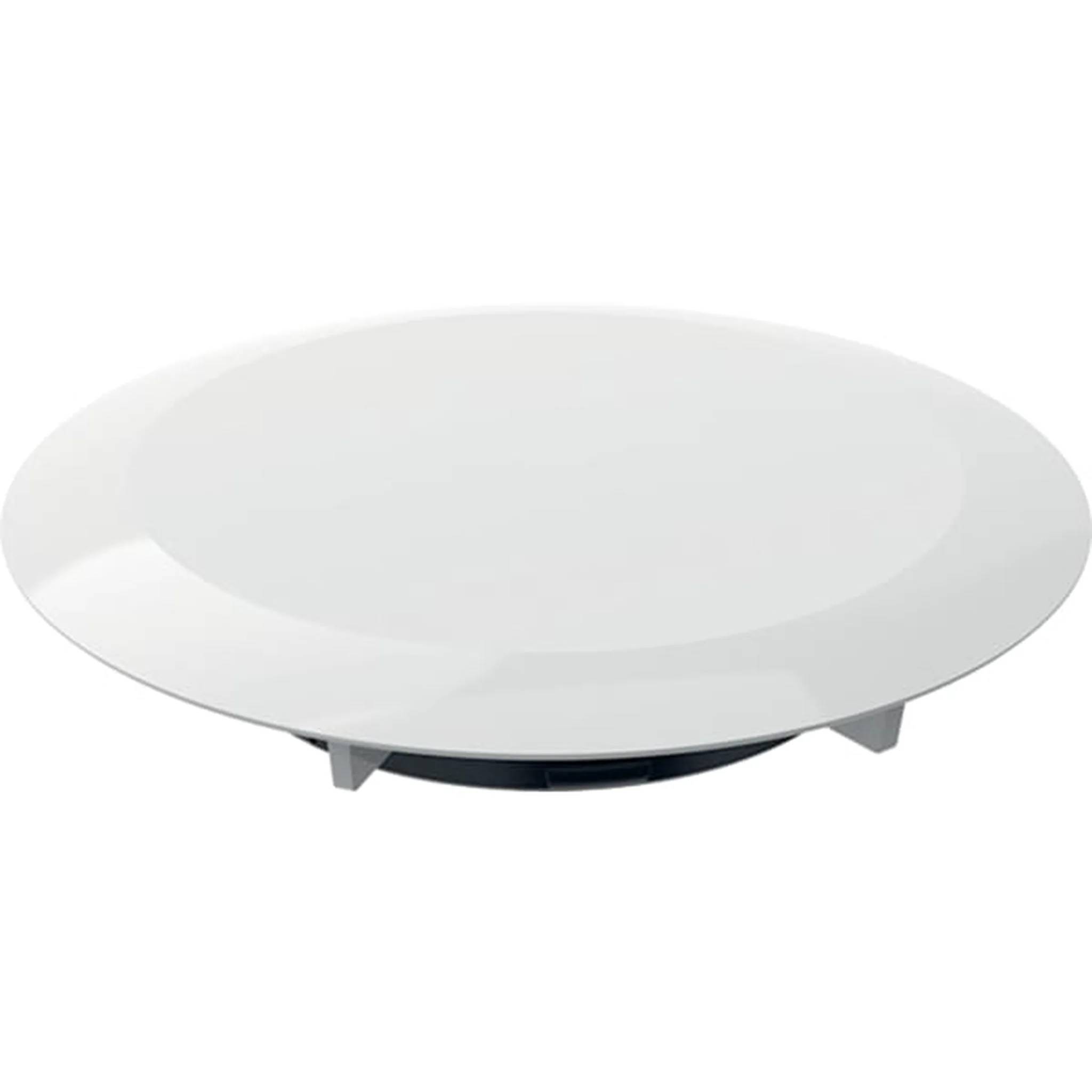 Weiße runde flache Deckenleuchte mit flacher Kuppel, auf neutralem Hintergrund dargestellt.