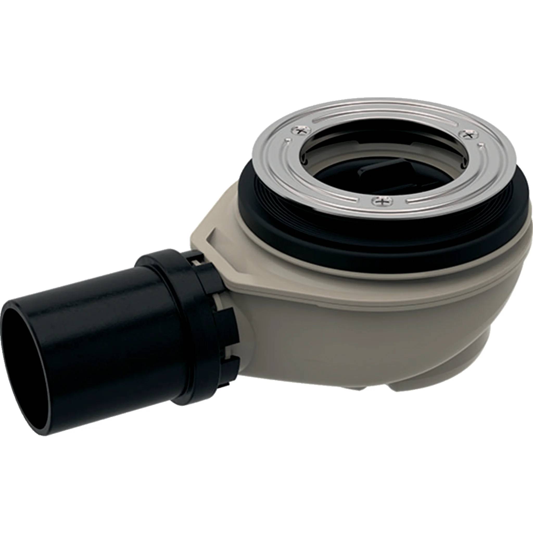 Rundes Sanitär-Drainrohrfitting mit schwarzem Rohrstutzen und silbernem Metallring auf grauem Gehäuse, dargestellt auf weißem Hintergrund.