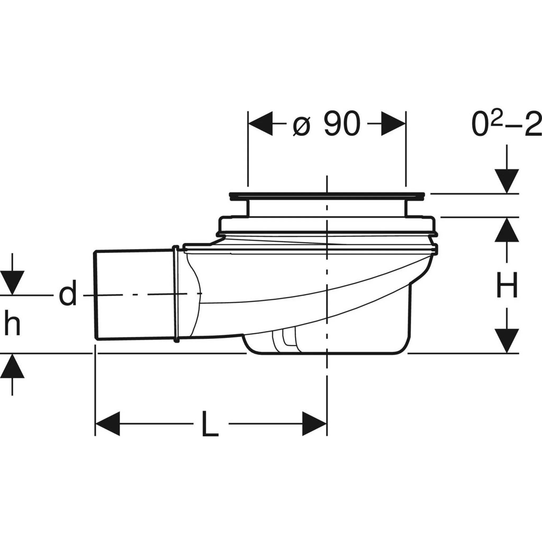 Technische Zeichnung einer Rohrentwässerungsfitting, die Seitenansicht und Abmessungen mit den Bezeichnungen d, h, L, H und ø90 zeigt.