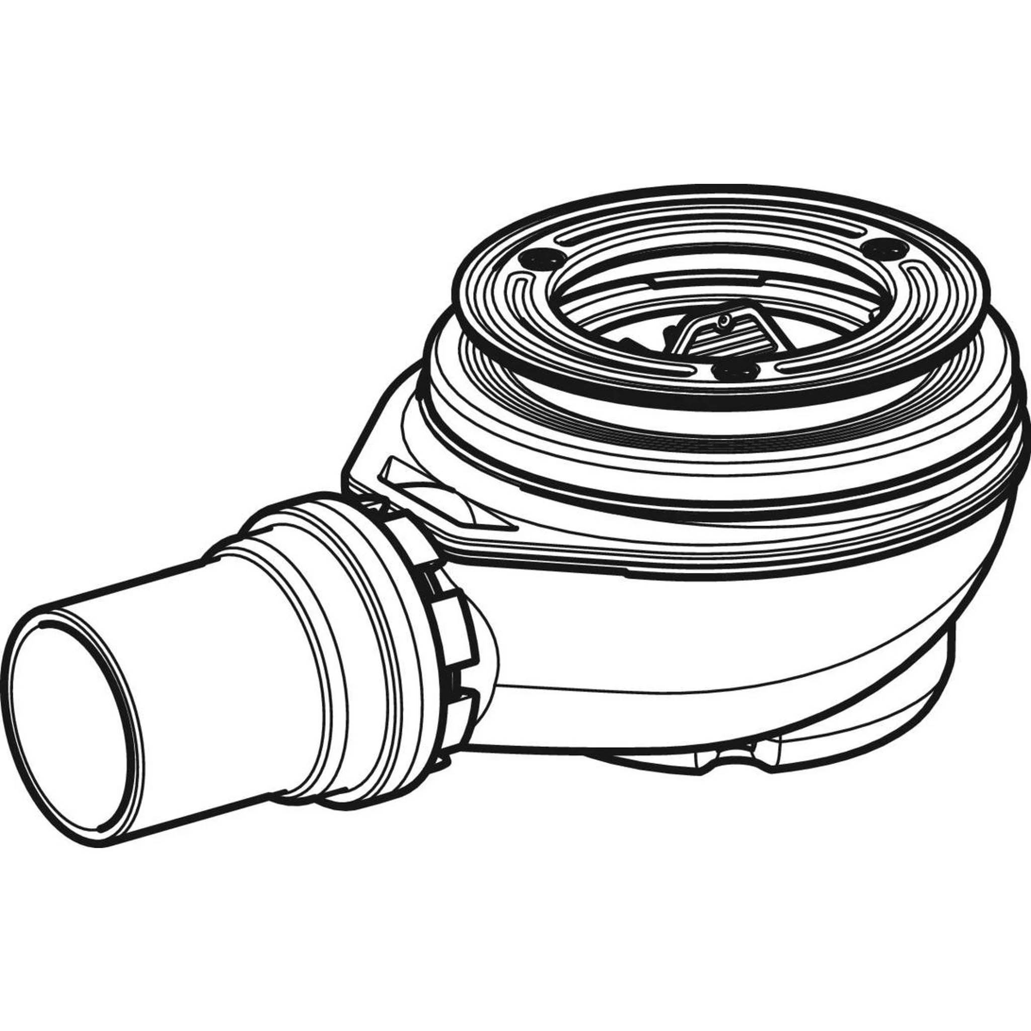 Schwarz-Weiß-Strichzeichnung eines kreisförmigen mechanischen Ventils oder einer Pumpengehäuse mit einem seitlichen Rohranschluss, perspektivisch auf weißem Hintergrund dargestellt.