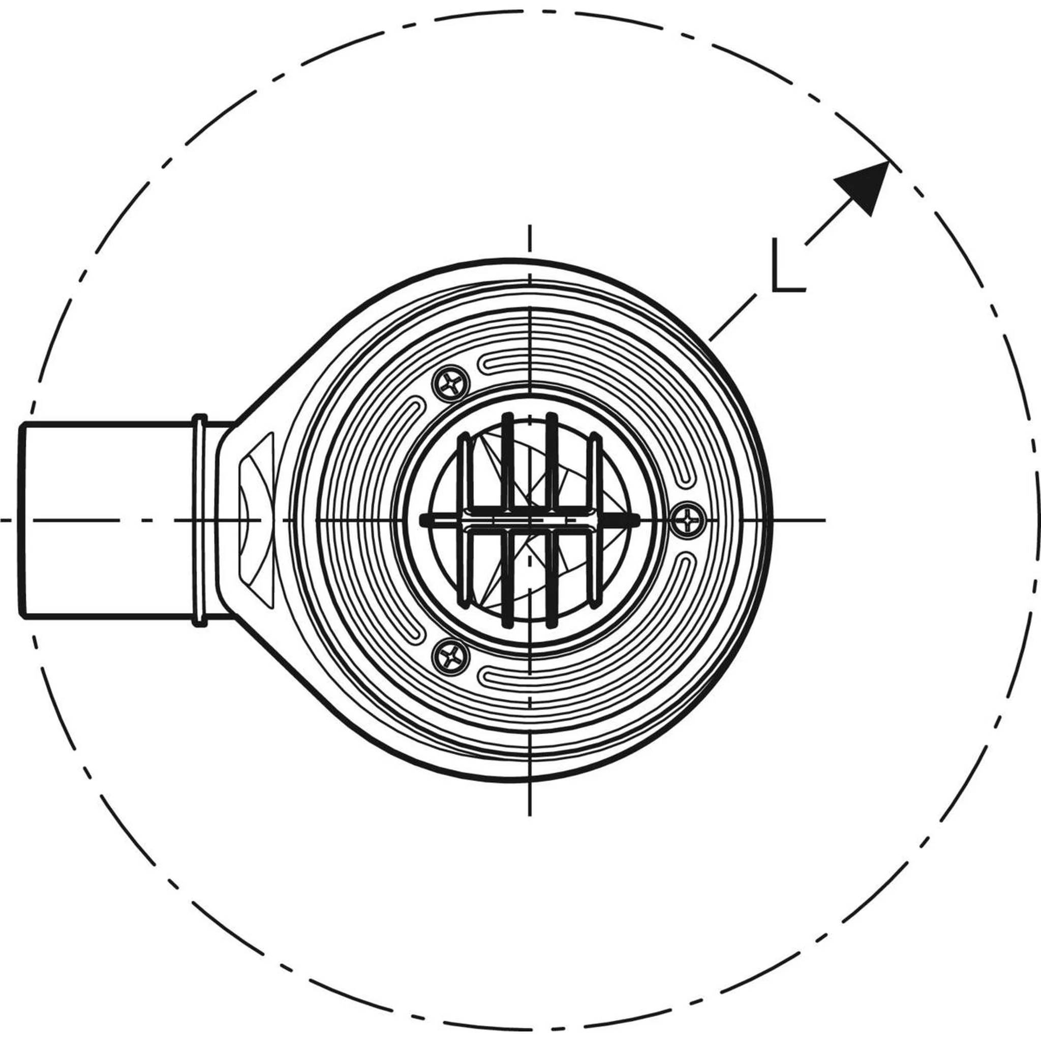 Technische Draufsicht eines kreisförmigen mechanischen Teils mit seitlichem Anschluss, Fadenkreuz in der Mitte, gestricheltem Rotationskreis und Pfeil mit Bezeichnung „L