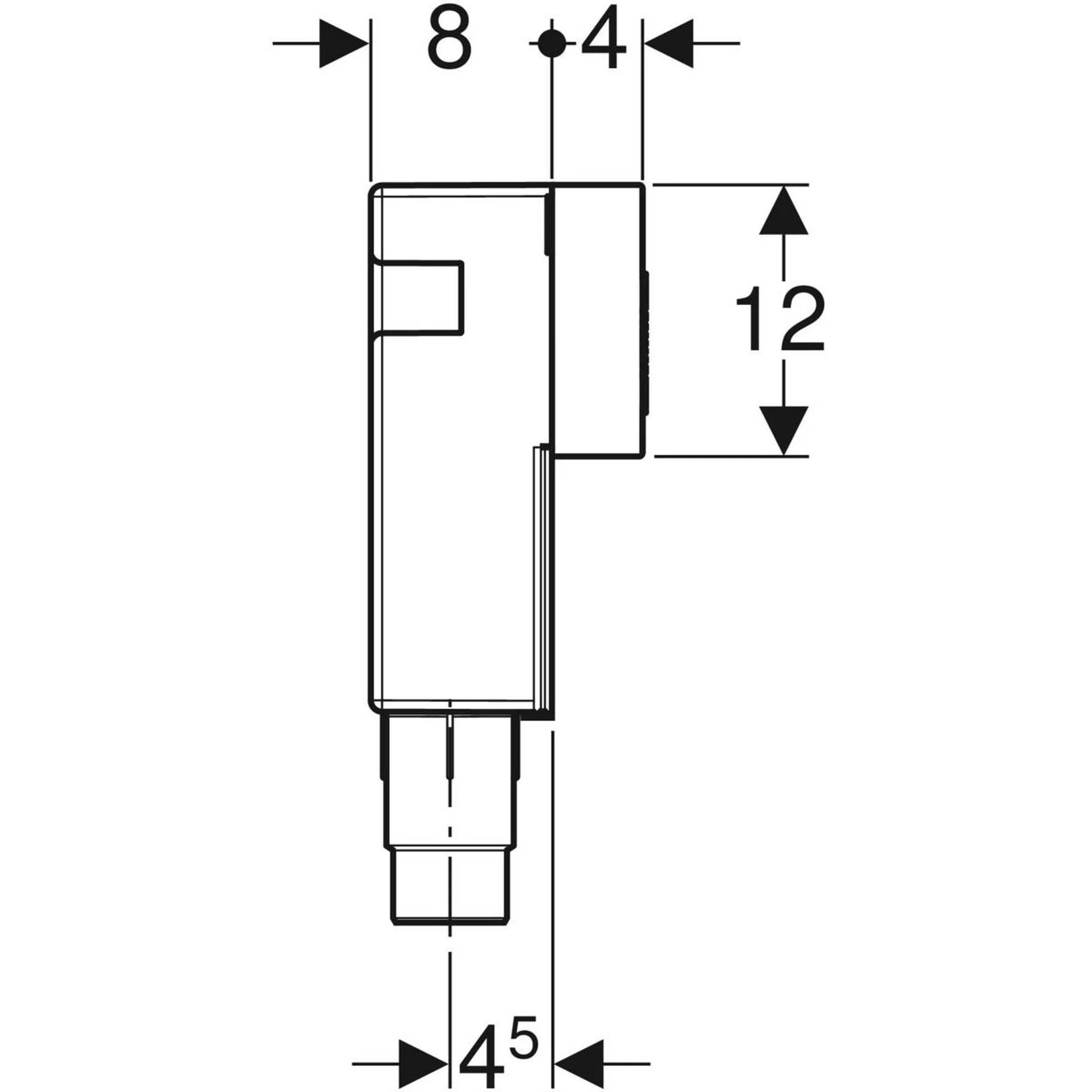 Technische Linienzeichnung eines rechteckigen Steckers oder Bauteils mit Maßpfeilen beschriftet mit 8, 4, 12 und 45.