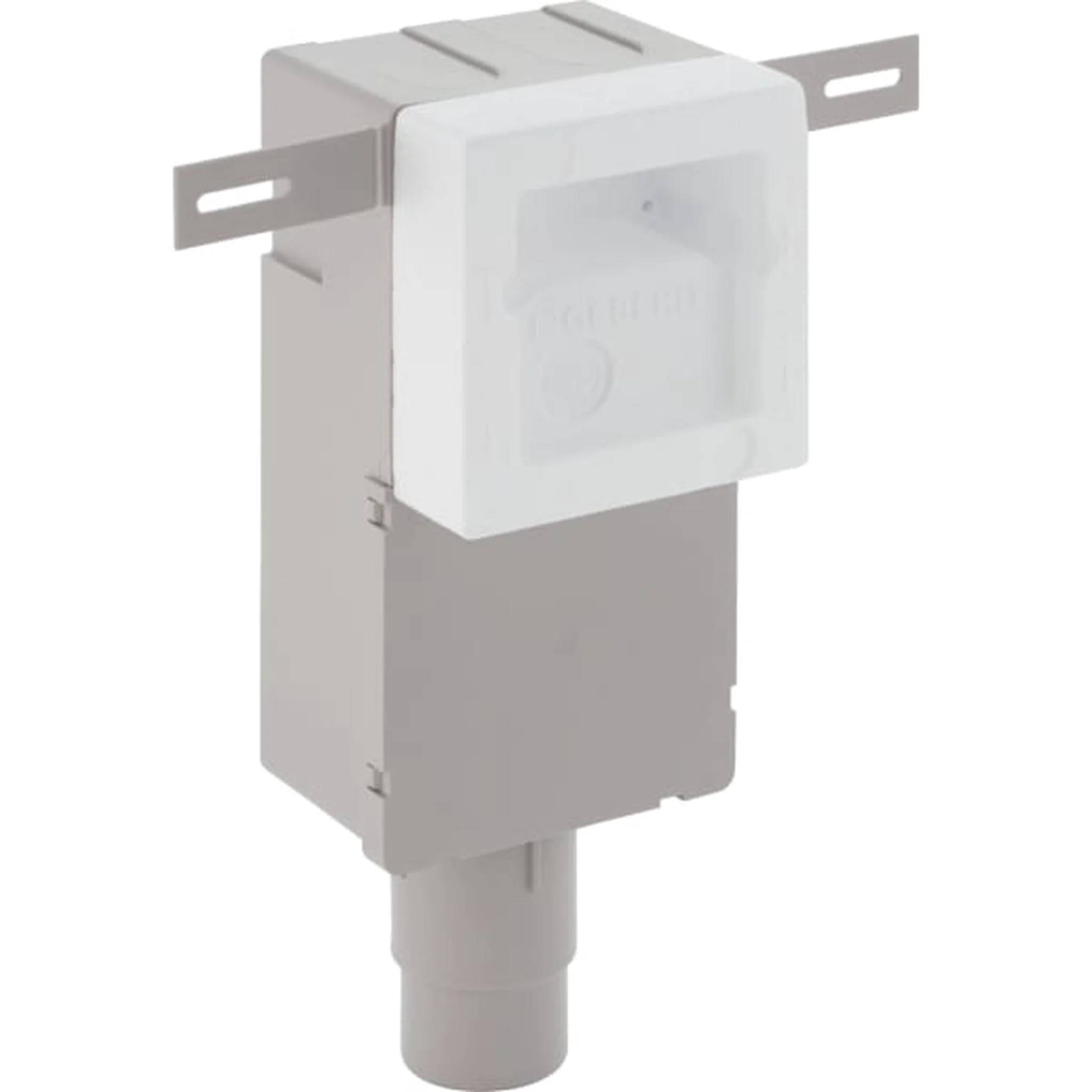 Weiße elektrische Verteilerdose oder Schaltkasten mit Montageklammerung und unterem Leitungsrohr-Anschluss, dargestellt auf einfachem Hintergrund.