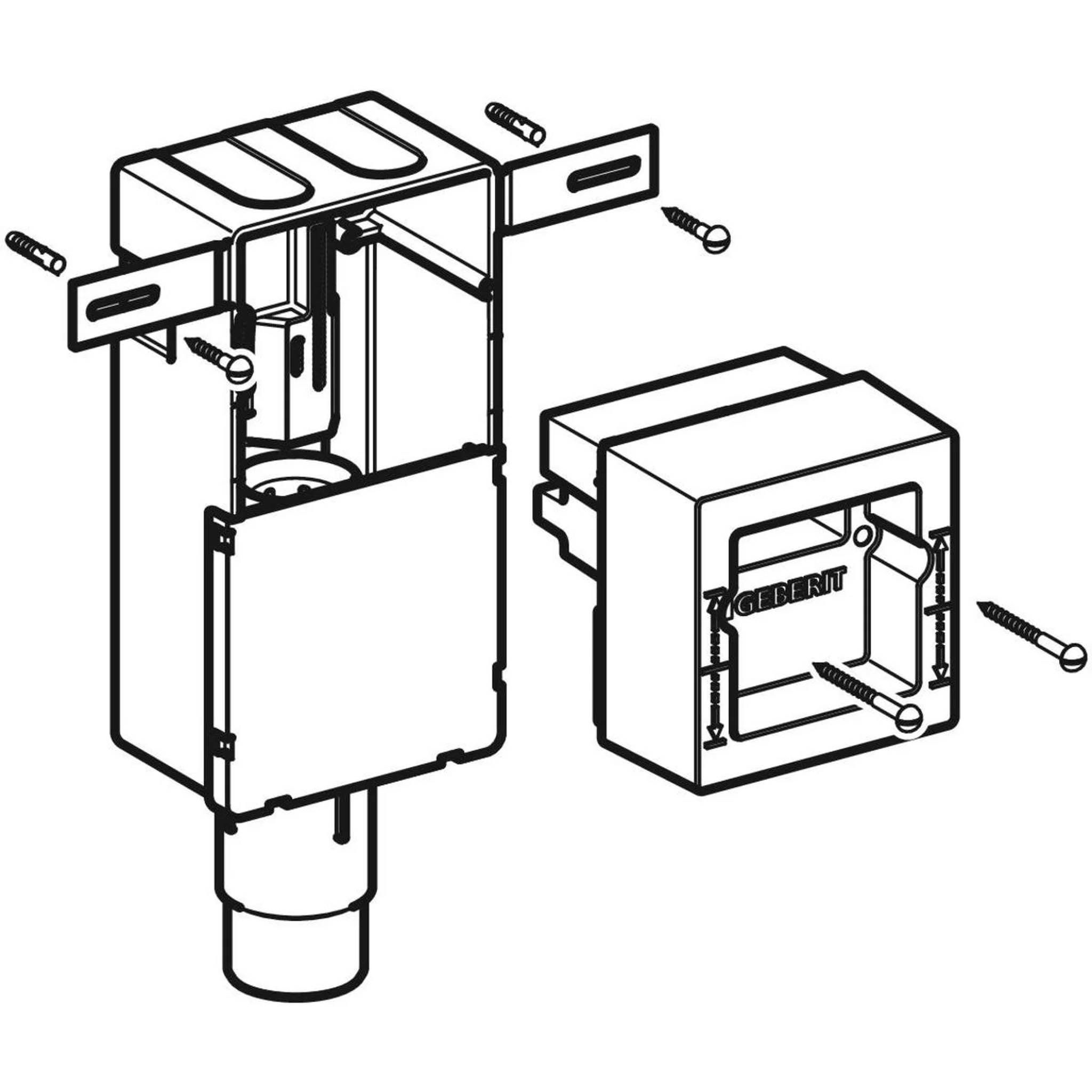 Explodierte technische Zeichnung einer wandmontierten Armatureneinheit mit Schrauben, die das Hauptgehäuse auf der linken Seite und eine Abdeckplatte auf der rechten Seite zeigt.