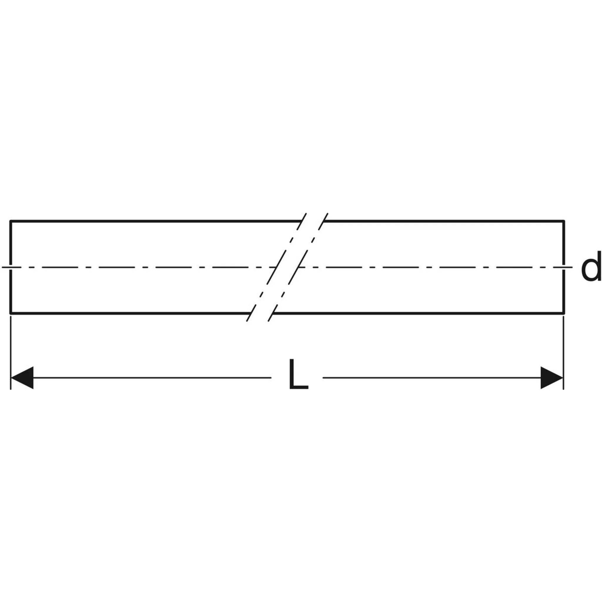 Diagramm eines zylindrischen Stabes mit Länge L und Durchmesser d, der in der Mitte einen Bruch aufweist, um anzudeuten, dass der Stab länger ist als dargestellt.