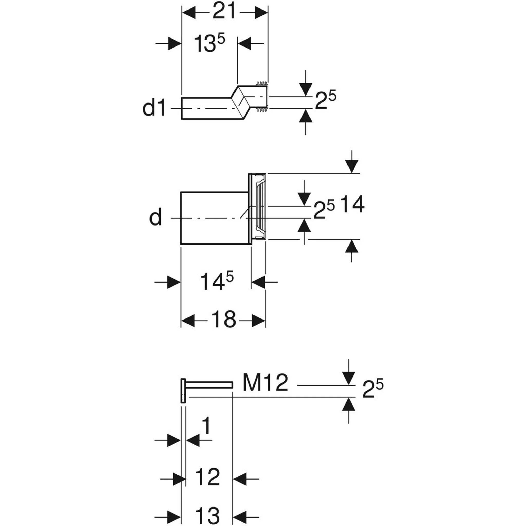 Technische Maßzeichnung einer Befestigung oder eines Verbinders mit beschrifteten Maßen, einschließlich M12, d, d1, 21, 18, 14,5, 13,5, 14, 12 und 2,5 mm.