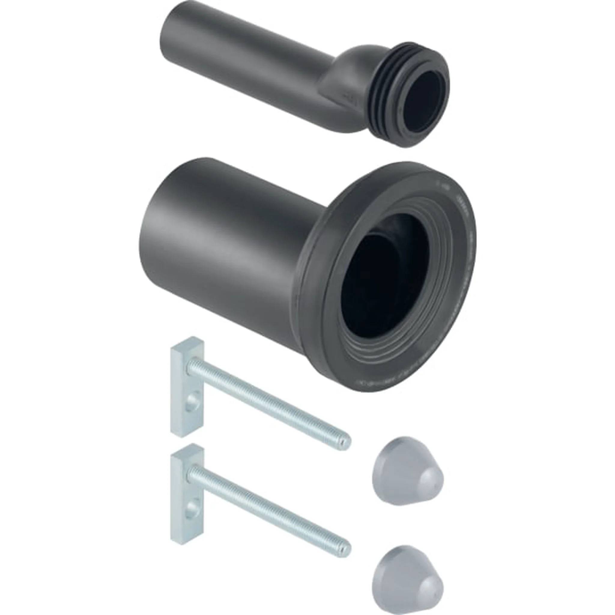 Explosionszeichnung eines schwarzen Kunststoff-Rohradapters mit zwei Befestigungswinkeln, Bolzen und grauen Kappen auf weißem Hintergrund.